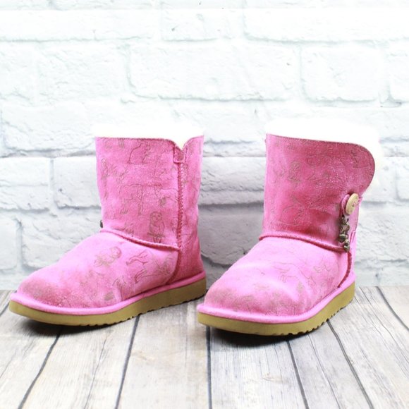 UGG Australia Fauna Princess Pink Suede Sheepskin Button Charm Winter Boots US 4 - Picture 3 of 10